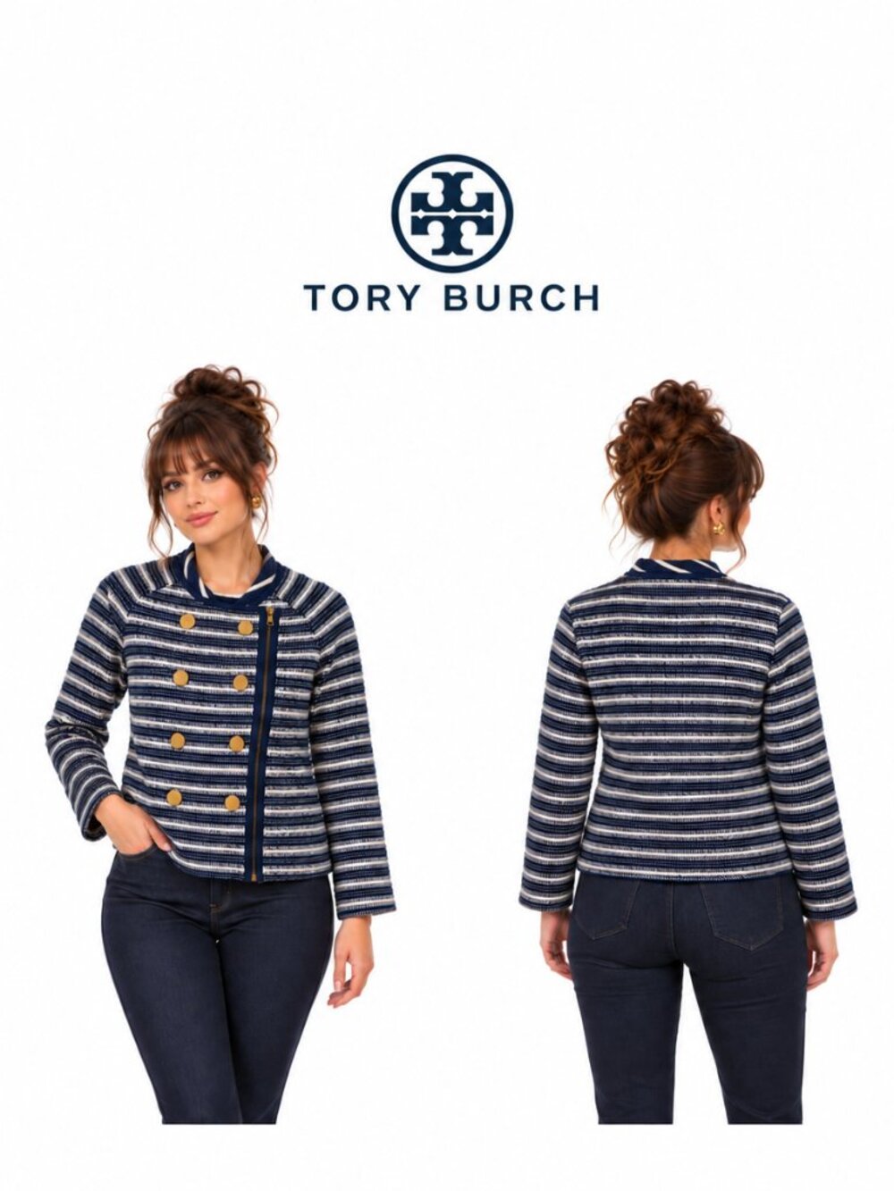Tory Burch Navy Striped Merino Wool Zip Front Cardigan Jacket 11123500 Small